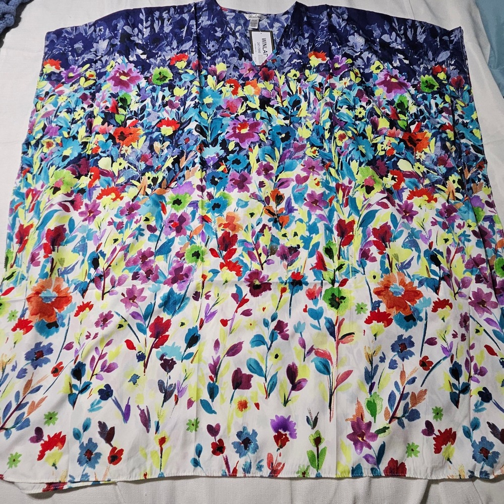 Winlar Floral‎ Watercolor Kaftan Blue White Multicolor One Size Loungewear NWT